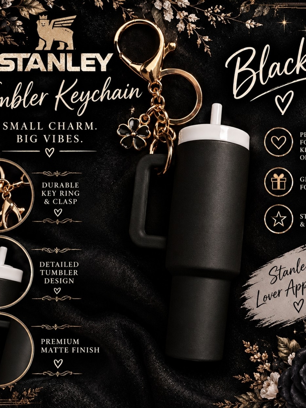 New Stanley-Inspired Black Mini Tumbler Keychain with Gold Hardware!!